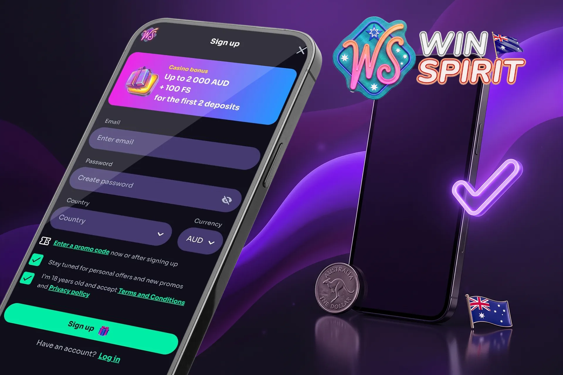 Fast registration and login process at WinSpirit Casino, showing a mobile sign-up form with AUD currency selection and an Australian kangaroo coin