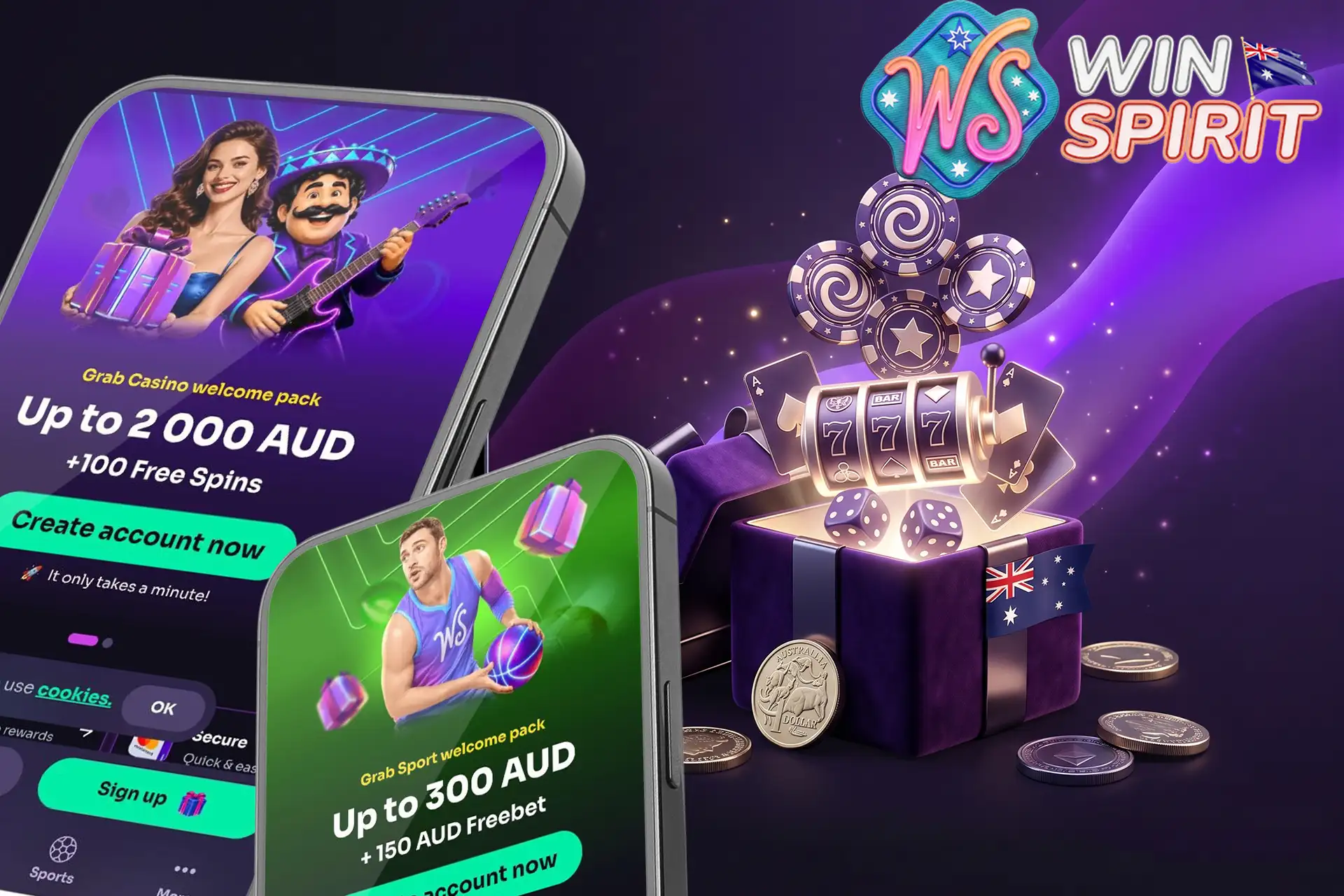 Generous welcome packages for sports and pokies, illustrated by mobile interfaces and an open purple gift box revealing a 3D slot machine and coins